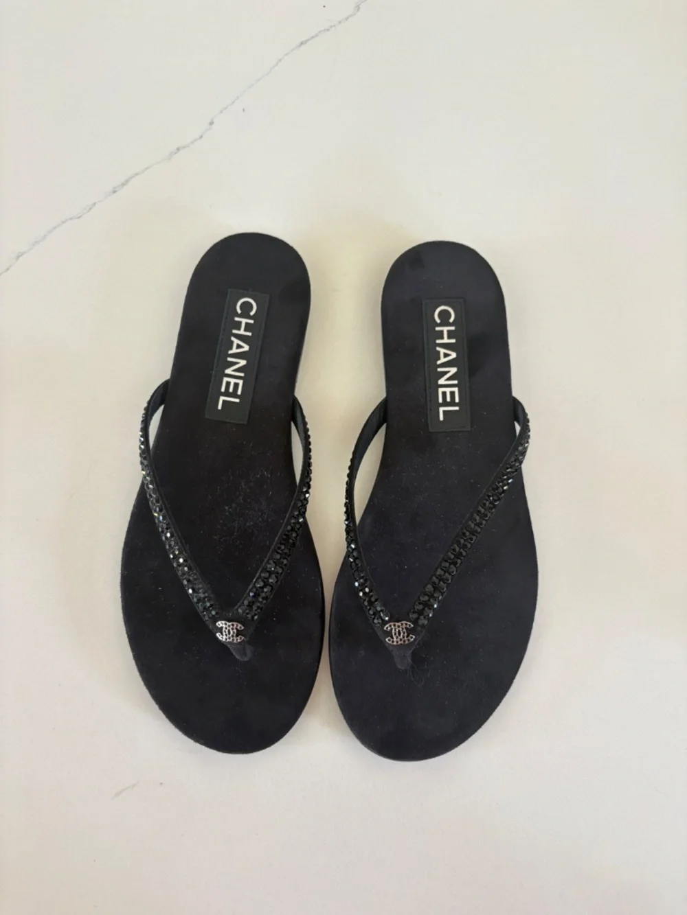 CHANEL Black Crystal CC Thong Sandals Flip Flops 36.5